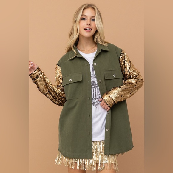 You’ve Got That Spark Gold Sequin Olive Utility Jacket - Picture 3 of 4